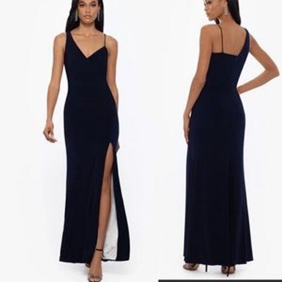 XSCAPE Women's Navy/Ivory Mismatched Straps Trumpet Gown Two Toned Size 12 NWT